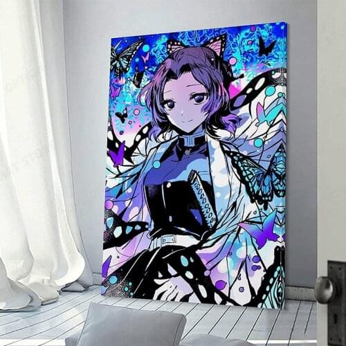 Anime Demon Slayer Shinobu Kocho with Flying Butterflies Poster Decorative Painting Canvas Wall Art Living Room Posters Bedroom