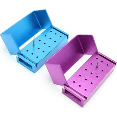 Nail Drill Bits Holder 15 Holes Metal Dental Bur Case Stand Displayer Organizer Nail Art Manicure Box, Purple, Red, Blue