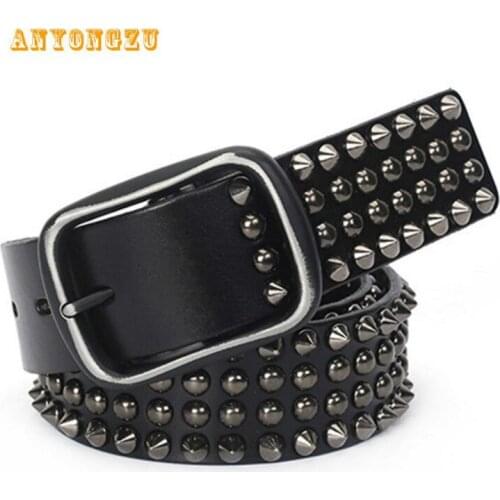 ANYONGZU Designer Brand Men Belt Rivet Real Leather Pin Male Genuine Cowhide Black Rock Luxury Punk Jeans 105-110-115-120-125