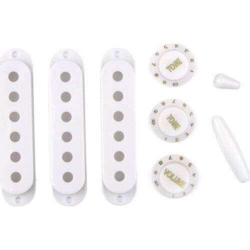 FLEOR Set of White ST Electric Guitar Pickup Covers 2T1V Tone Volume Knobs Whammy Bar Tip Switch Tip