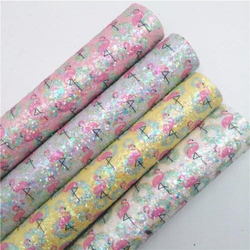 LEOsyntheticoDIY Flamingo Printed Chunky Glitter Vinyl Fabric Sheet Felt Backing Synthetic Leather Faux Vinil DIY A4 SIZE R159A