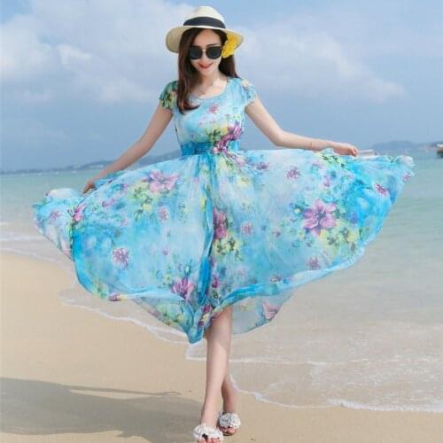 Summer Women Blue Print Beach Chiffon Flare Empire Dress Cap Sleeve Round Neck Elastic Waist Calf Length One Piece Holiday Robe