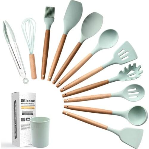 Wooden Handle Kitchen Utensils Sets Silicone Non-Stick Cookware Spatula Soup Spoon Set Kitchen Gadgets and Accessories