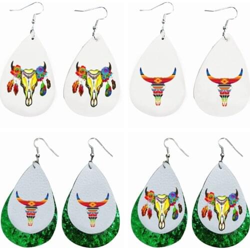 2021 New Bull Skull Earrings Faux Leather Teardrop Earrings For Women Bulk Order Stock