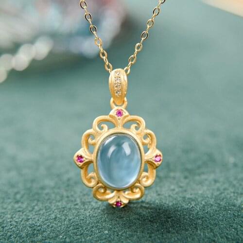 Original S925 Sterling Silver Gold Inlaid Natural Aquamarine Womens Classical High-End Versatile All-Match Clavicle Pendant