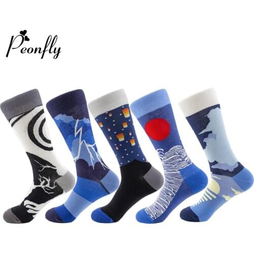 Peonfly 2020 New Autumn Winter Men Funny Sunset Lightning Pattern Happy Socks Casual Combed Cotton Calcetines