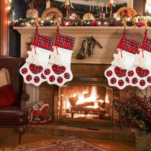 Pet Christmas Stocking Dog Paw Plaid Gift Bag Animal X-mas Stocking Candy Bags Candy Gift Bag Plaid Paw Stocking Christmas Tree