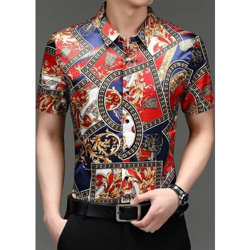 Mens Patchwork Colors Silk Clothes Summer Vintage Printing Shirts Male Fashion Smooth Streetwear Short Sleeve Silk Dress Shirts