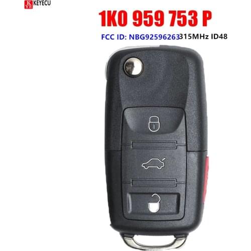 Keyecu Folding Remote Key 3+1 Button 315MHz with ID48 Chip for Volkswagen VW Jetta GTI 1K0 959 753 P, FCC ID: NBG92596263