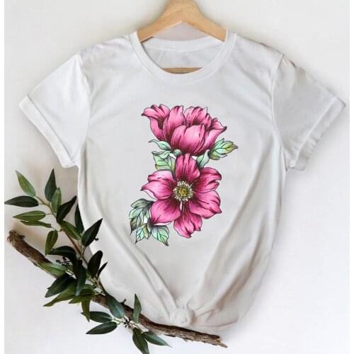 T-shirts Women 2021 Flower Short Sleeve Clothing 90s Trend Clothes Printing Stylish Tshirt Top Lady Print Sweet Tee T-Shirt