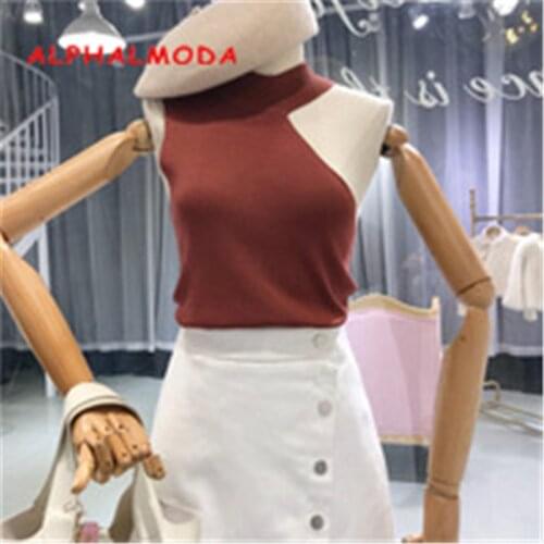 ALPHALMODA Asymmetric Shoulder Sleeveless Women Summer Chic Knitted Tank Top Stand Collar Slim Fit Ladies Summer Sexy Top