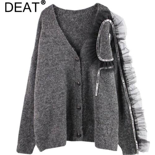 DEAT 2021 Autumn Winter New Fashion Tide V-neck Long Sleeve Solid Color Single-breasted Splicing Knitting Sweater Women 13Z1092