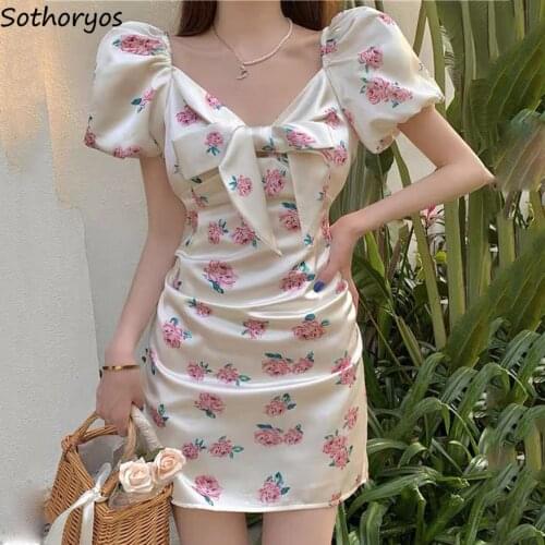 Women Mini Dresses Puff Sleeve Floral Square Collar French Style Retro Temperament Slim Hot Sweet Elegant Female Sexy Print Bow