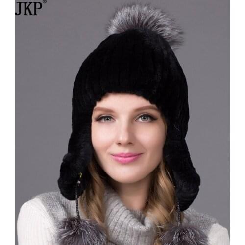 Winter fur hats for women rabbit fur hat silver fox fur with lining pom pom knit beanies with lining THY-07