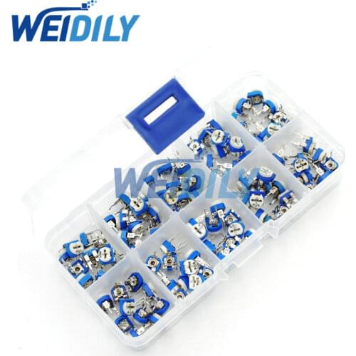 100PCS/Box RM065 Carbon Film Horizontal Trimpot Potentiometer Assortment Kit 500R - 1M 10 Values Variable Potentiometers