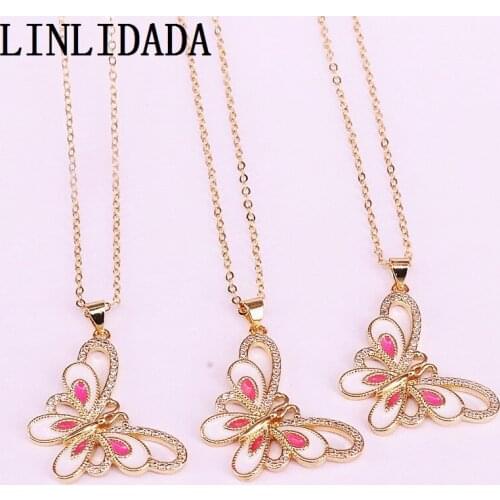 8Pcs Gold Filled Fashion Micro Pave Cz Zirconia Enamel Butterfly Pendant Necklaces Women New Jewelry