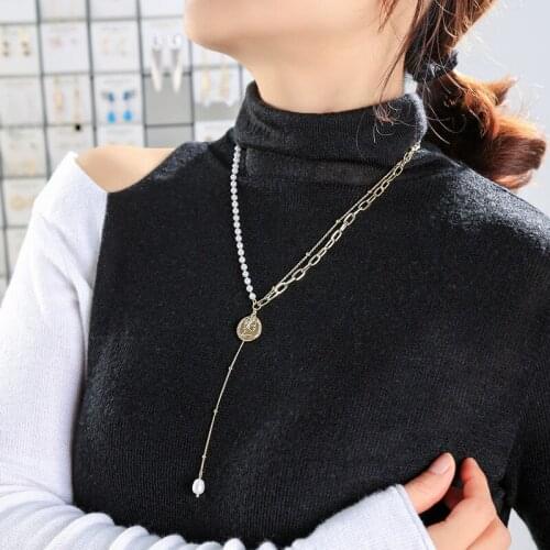Cultured Pearl Link Chains Choker Necklace Fashion Simple Thin Chain Avatar Coin Necklaces Korea Jewelry Factory Wholesale