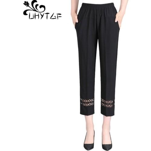 UHYTGF Elegant Mother Summer Pants Fashion Ice Silk Elastic High Waist Casual Women Trouser Hollow Thin 4XL Plus Size Pants 2166