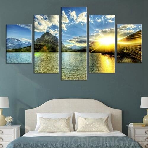 HD Posters Wall Art Modern Pictures Home Decoration Frame 5 Panel Sunrise Mountain Landscape Living Room Printed Painting Artwor