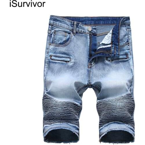 ISurvivor 2021 Mens Light Blue Slim Straight Stretch Denim Riding Shorts Plus Size Pleated Tassel Jeans Fashion Motorcycle Pant