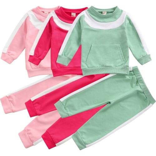2 Pieces Kids Suit Set, Toddler O-Neck Long Sleeve Pullover with Big Pocket+ Trousers for Girls, 1-5 Years