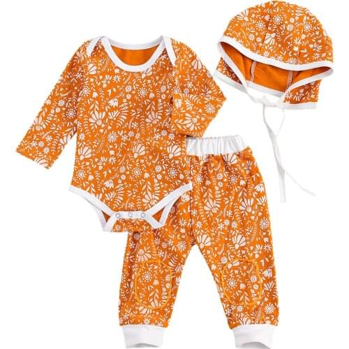 Newborn Baby 3-piece Outfit Set Long Sleeve Bodysuits+Pants+Hat Set for Kids Boys Girls Floral Print Baby Unisex Clothes