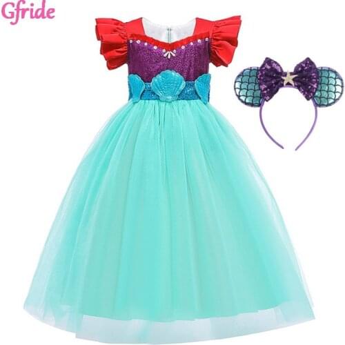Girls Princess Mermaid Costume With Headband Sequin Ruffle Short Sleeve Beading Halloween Kids Fancy Party Dress Children Cloth