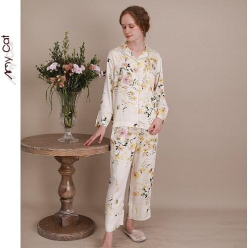 Fresh and Elegant Comfort Autumn Satin Lapel Rose Flower Long-sleeved Trousers Casual and Comfortable Viscose Plus Size Homewear