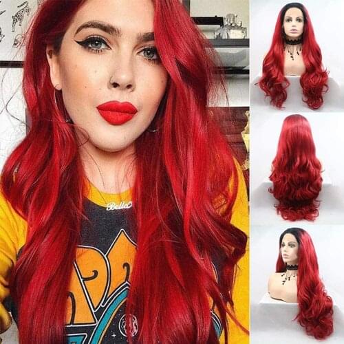 Red Synthetic Lace Front Wigs for Women Dark Roots Long Wave Red Ombre Wig with Free Part Glueless Heat Resistant Fiber Hair 24