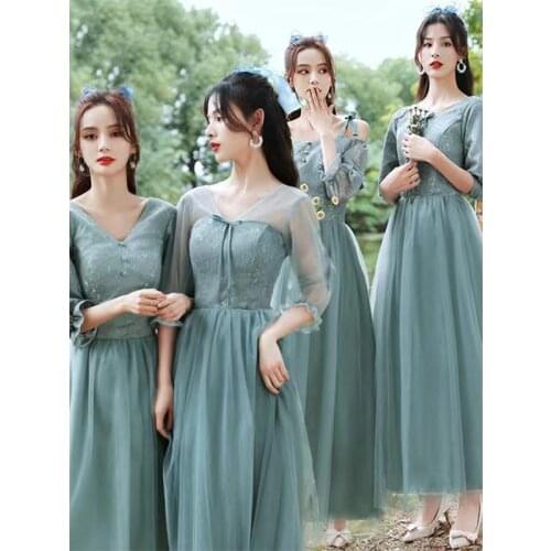 Bridesmaids Dresses Illusion A-Line Boat-Neck Half Spaghetti Straps Lace Tulle Button Floor-Length Women Wedding Party Gown E550