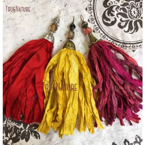 Latest Antique Brass Altered Art Cap Yellow Handcrafted Sari Silk Tassel Butterscotch Silk Tassel Necklace Pendant PM14458