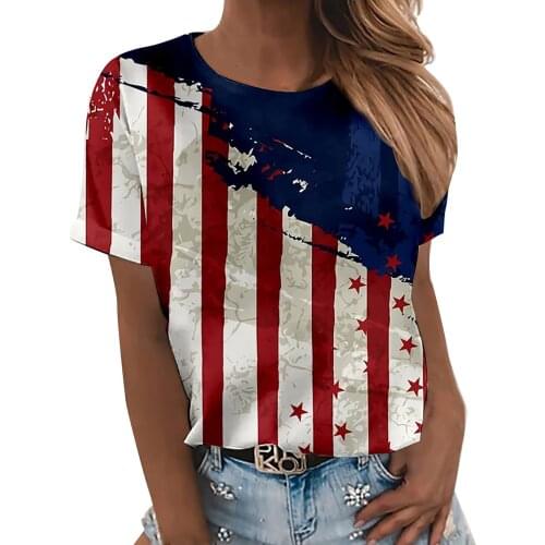 Plus Size Summer Tops For Ladies 2021 Summer Fashion Womens Casual Independence Day Printed Round Neck Tops Basic Loose Tops