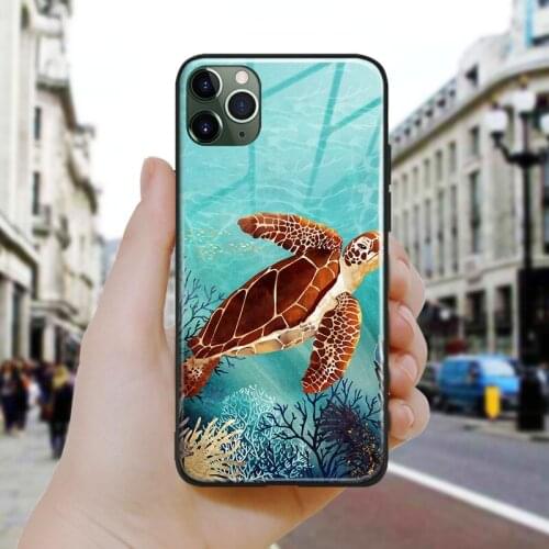 Nordic Abstract Sea turtle Art Soft Silicone Glass Phone Case Cover Shell For iPhone SE 6 6s 7 8 Plus X XR XS 11 12 Mini Pro Max