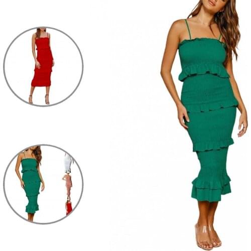 Comfy Stylish Spaghetti Straps Ruffles Dress Summer Bodycon Dress Solid Color for Banquet