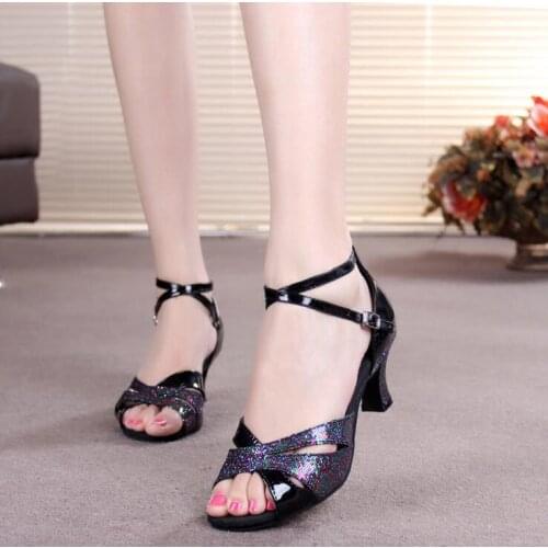 Ladies Latin Dance Shoes Sequin Shining PU Latin Shoes High Heels Salsa Tango Ballroom Dancing Shoes Heel 5.5/3.5cm Indoor A156