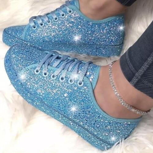 Large Size 43 Lace-up Womens Flat Shoes; Pu Face Fashion Womens Shoes Spring and Autumn New Sequined Thick Bottom Sneakers