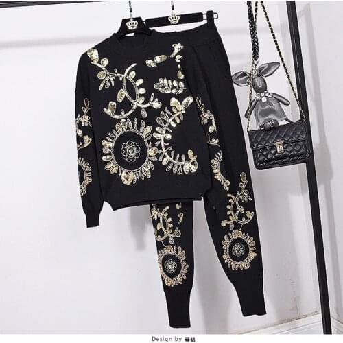 2019 Autumn Winter Fashion Women Gold Leaf Flower Embroidery Sequin Knitted Sweater Casual Trouser LO Women‘s Two Piece Outfits