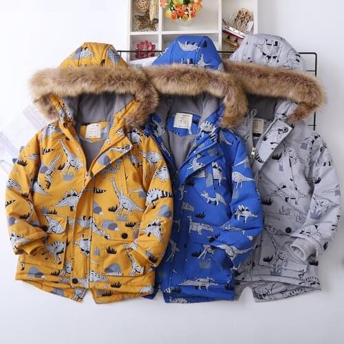 Winter Cartoon Print Plus Velvet Thicken Hooded Cotton-padded Warm Jacket Children Outwear Boys Parkas Fashion Fur Collar Coats