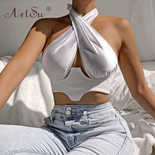 ArtSu Woman Streetwear Sexy Backless Halter Crop Tops Y2K Fashion Deep V-Neck Bandage White Corset Top Summer Party Tank Top