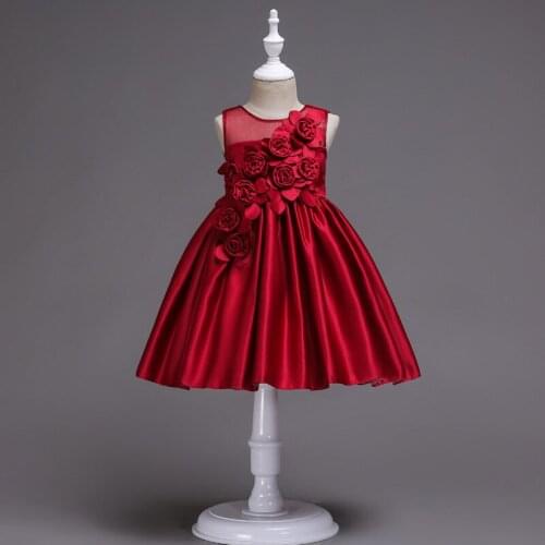 Satin Princess Solid Color Childrens Dress Girl Flower Princess Dress Stage Wedding Christmas Party Clothes