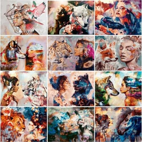 AZQSD Diamond Embroidery Woman Wolf Leopard Mosaic Rhinestones Diamond Painting Portrait Cross Stitch Handicraft Home Decor