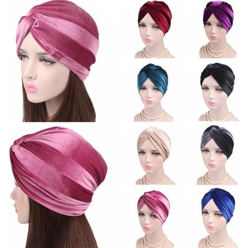 Velvet Muslim Women Cross Ruffle Chemo Sleep Turban Headwear Scarf Beanie Cap Hat for Cancer Patient Hair Loss Accessories 2021