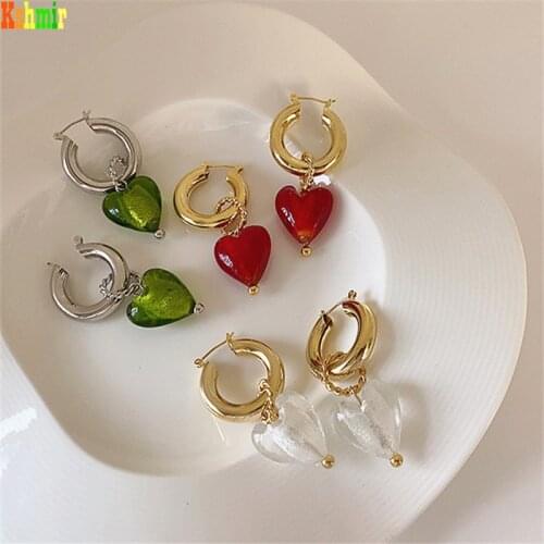 Kshmir French style exaggerated transparent glass red heart shaped gold earrings lady color glass earrings jewelry gift 2021