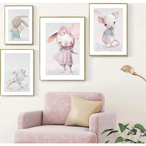 Kawaii Wall Art Nursery Poster Print Cartoon Cat Rabbit Canvas Painting Nordic Kids Picture Baby for Living Room Home Decor