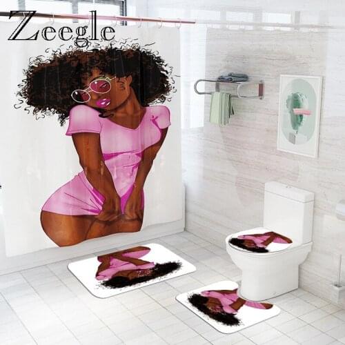 Printed African Girl Bath Mat Waterproof Shower Curtain Set Absorbent Anti Slip Mat for Bathroom Non-Slip Bathroom Foot Mat