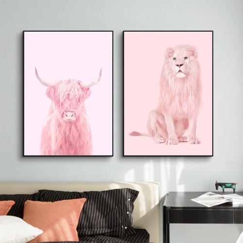Lovely Animal Printings Posters Pink Highland Bull And Lion Pink Wall Art Nordic Canvas Pictures Home Decor Wall Paintings