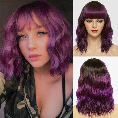 MIMO Purple Short Bob Wavy Wigs For Women Synthetic Wig With Bangs Heat Resistant Fiber Cosplay Lolita Party Pink Blonde Wigs