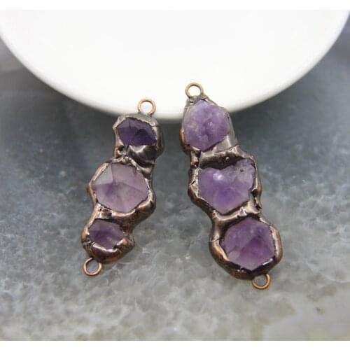 Rare Natural Three-Amethysts Trendy Connector,Pruple Quartz Crystal Antique Brass Style,For Jewelry Making Bracelet DIY Necklace
