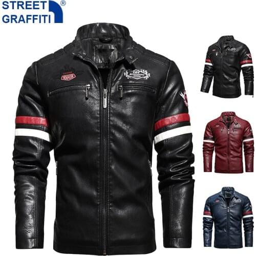 Men’s Motorcycle Jacket 2021 Autumn Winter Men New Faux PU Leather Jackets Casual Embroidery Biker Coat Zipper Fleece Jacket