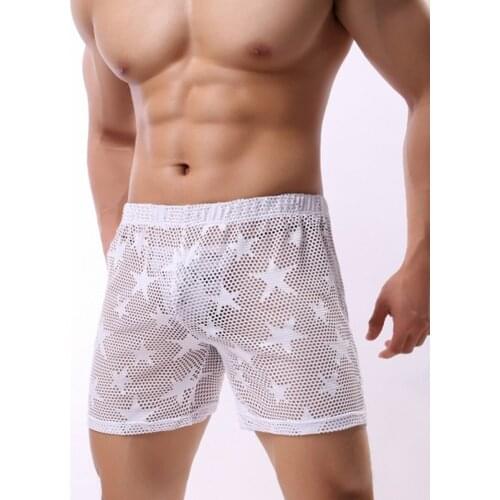 Mens See Through Mesh Shorts sleeping transparent pants Home Casual Pajamas Underpants Sexy Sleepwear Star Print Breathable Net